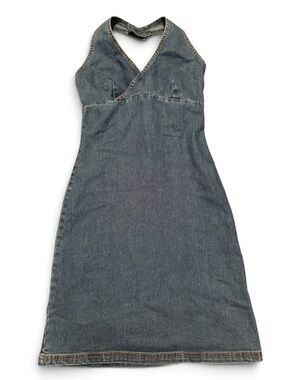 Vintage Garage Halter Denim Dress in Washed Blue